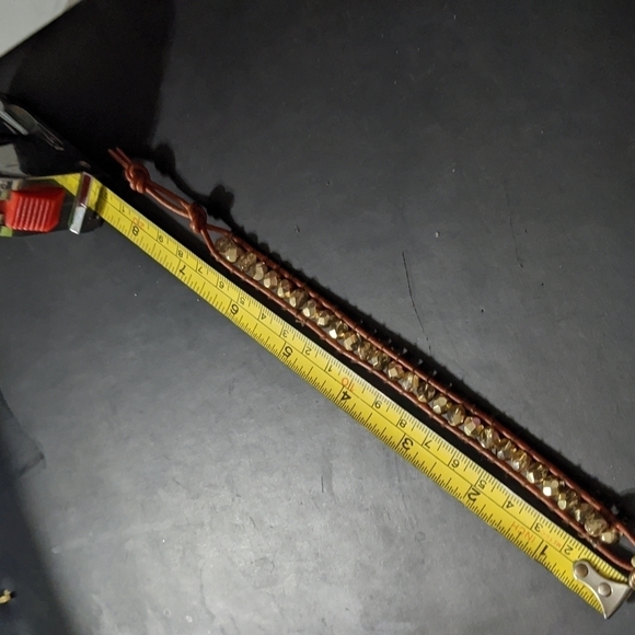 Gold Tone Beaded and Brown Leather Cord Statement Bracelet - Picture 6 of 6